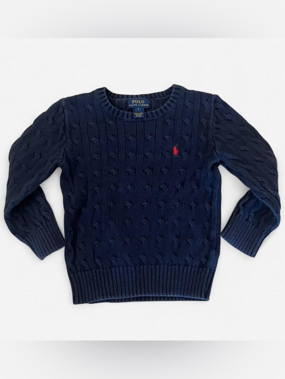 Polo by Ralph Lauren Navy Cable Knit Sweater with Red Pony Embroidery